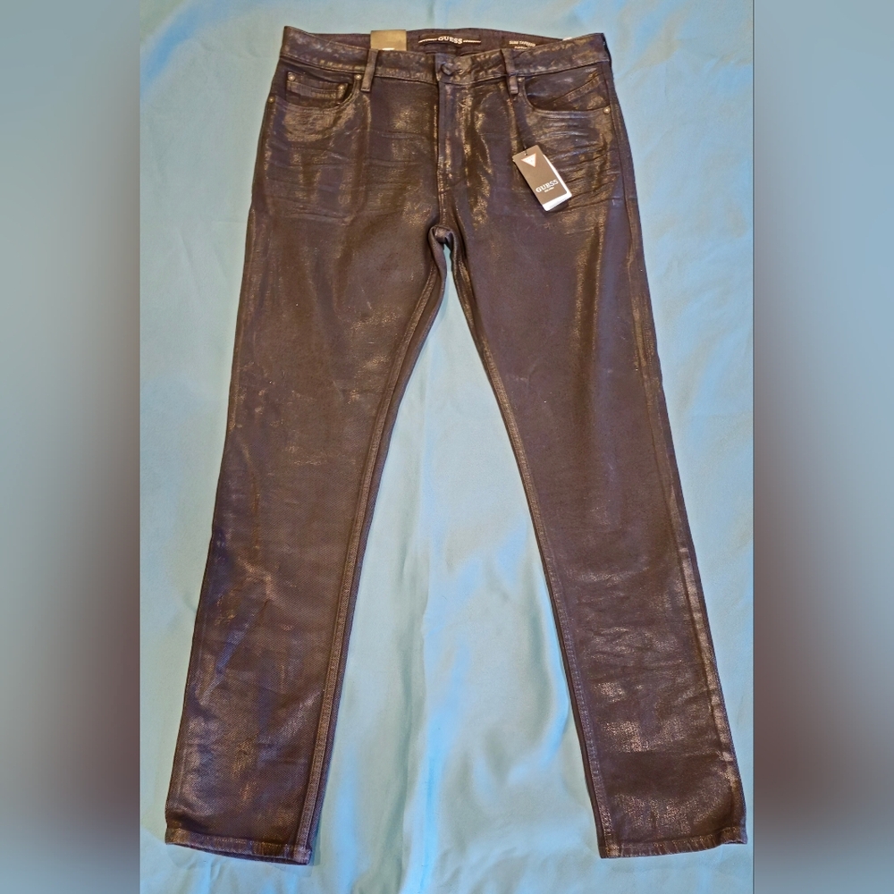 Guess Men's Black Slim Fit Tapered Leg Jeans Size 36x32 NWT Powder Coated Black